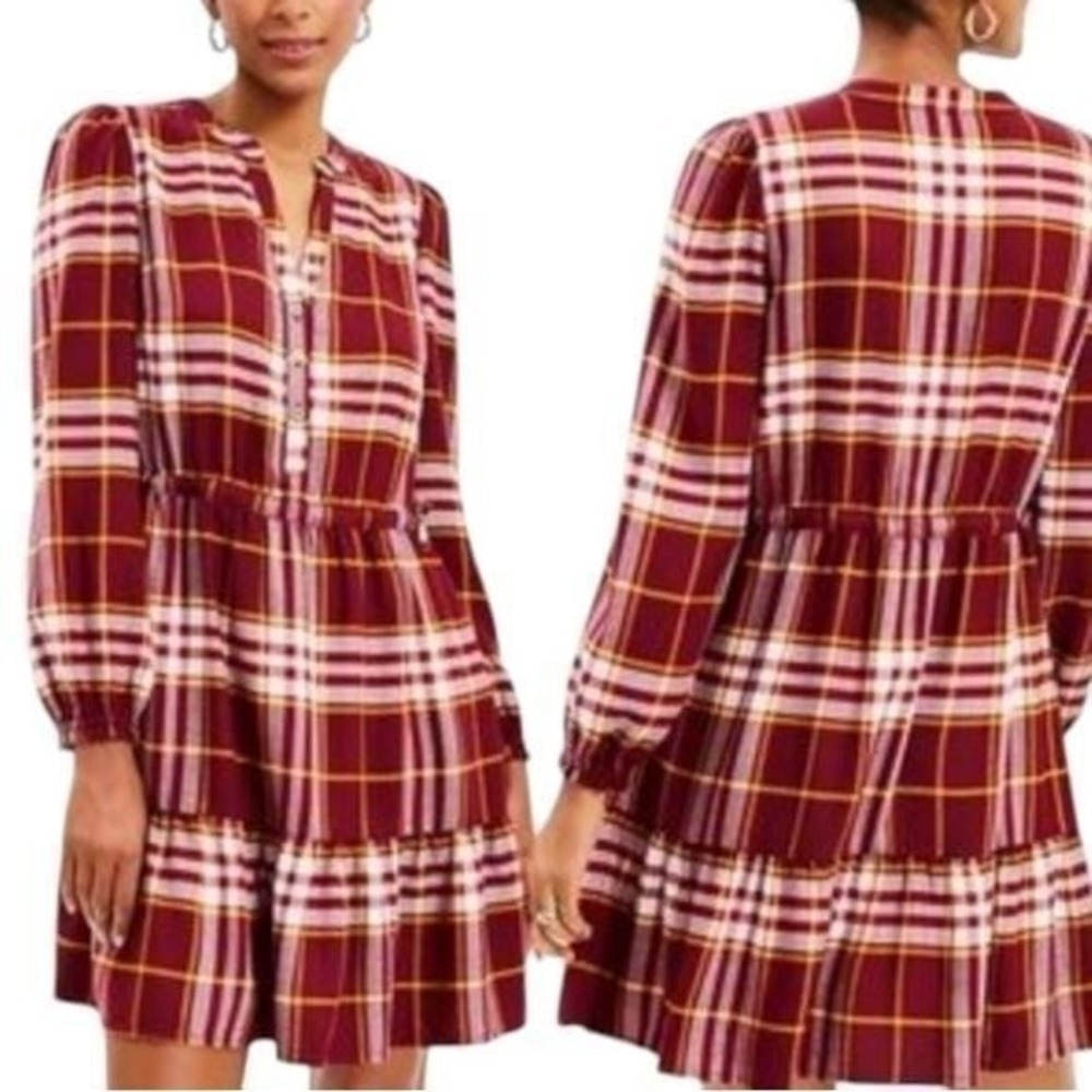 Womens Plaid Tunic Dress Long‎ Sleeve Button Front Tiered Hem Burgundy Yellow